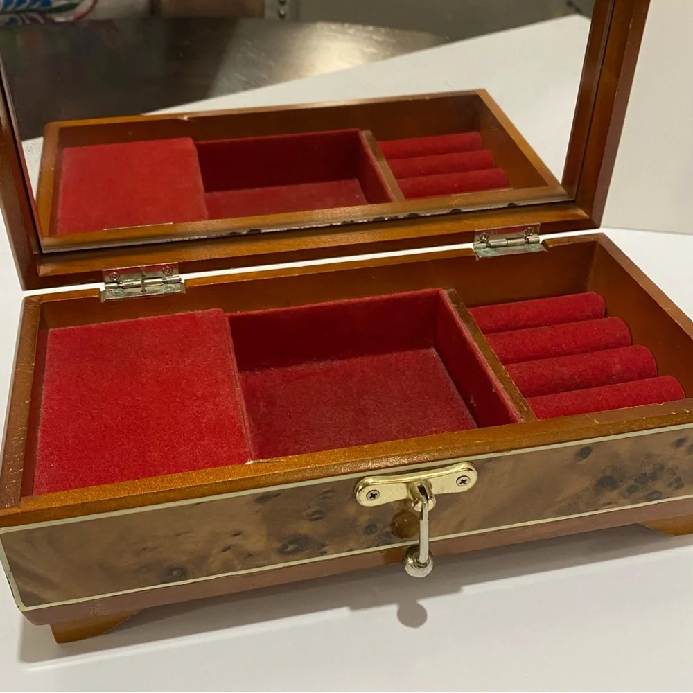 VTG Kimco Japan Wooden Jewelry Box Floral Inlay Red Velvet Lining Mirror READ